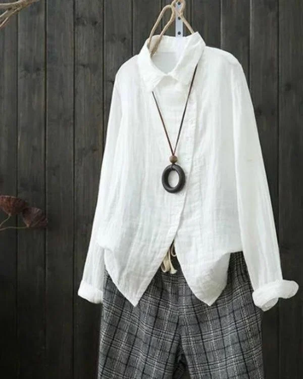 Linen Shirt Collar Asymmetric Long Sleeve Blouses