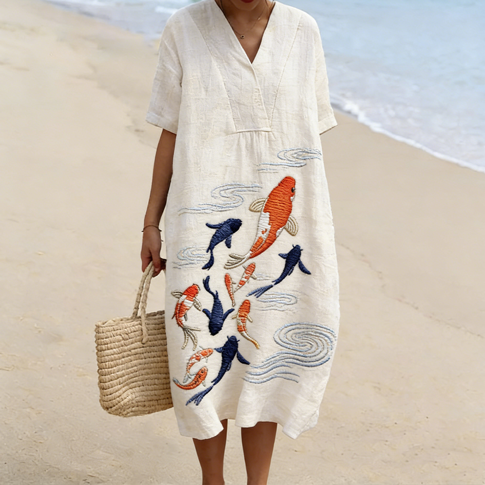 Japanese Art Koi Fish Pattern Women's Linen Dress wearshes
