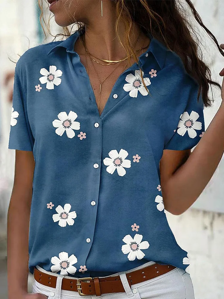 Casual Loose Floral Print Short Sleeve Blouse