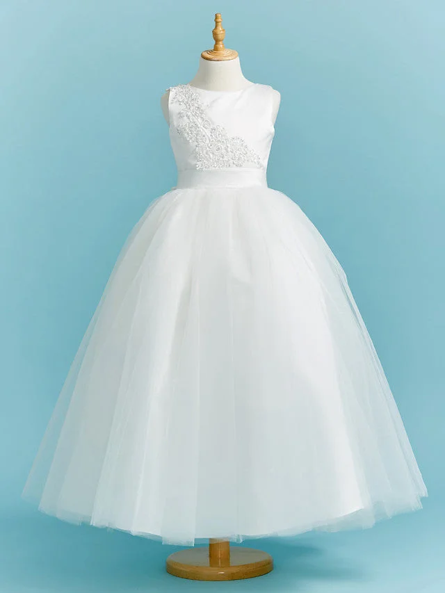 Bellasprom Ball Gown Crew Neck Floor Length Lace Tulle Flower Girl Dress With Sash Ribbon Pleats Beading