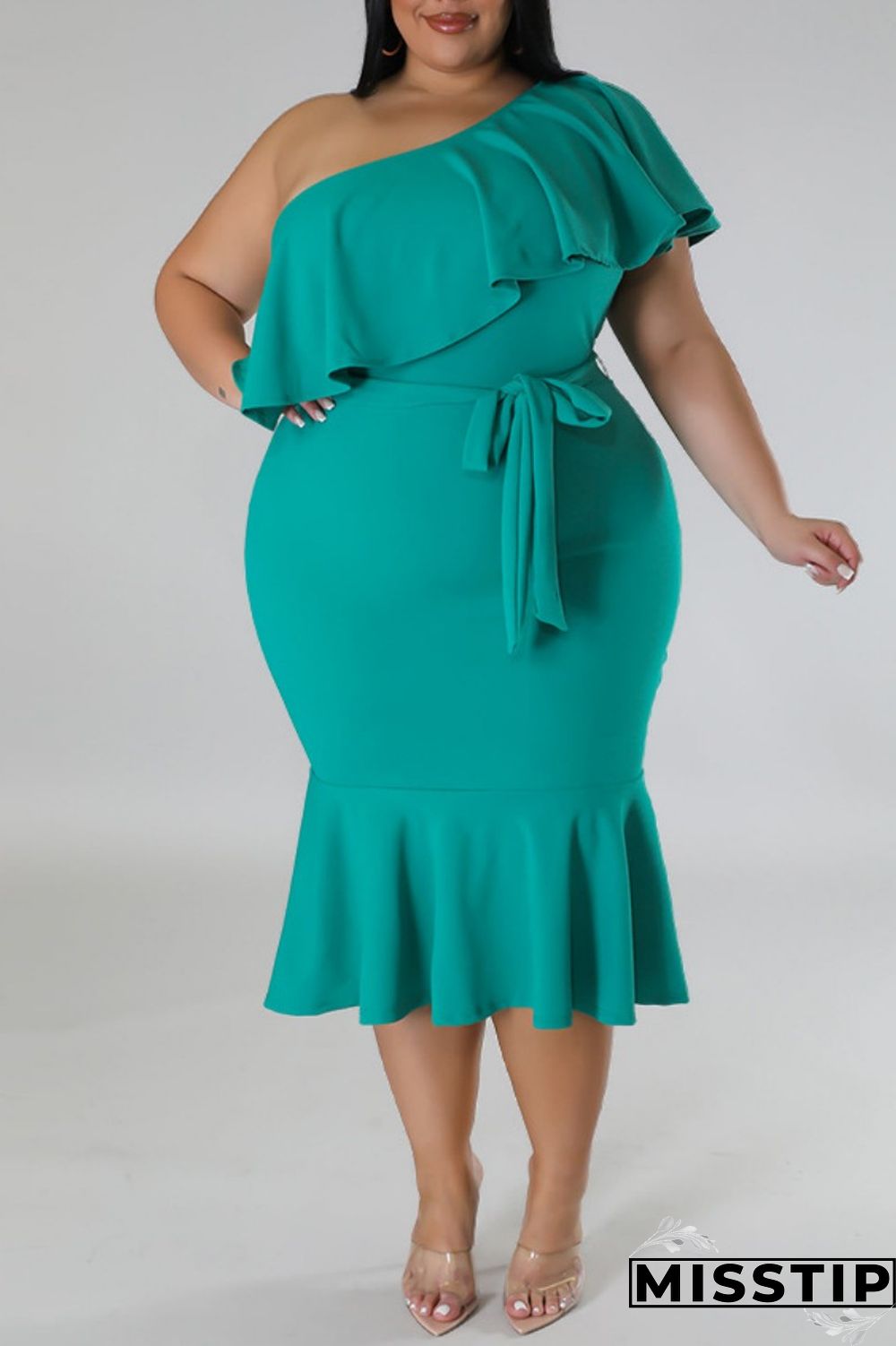 Green Casual Solid Patchwork Backless Oblique Collar Plus Size Dresses