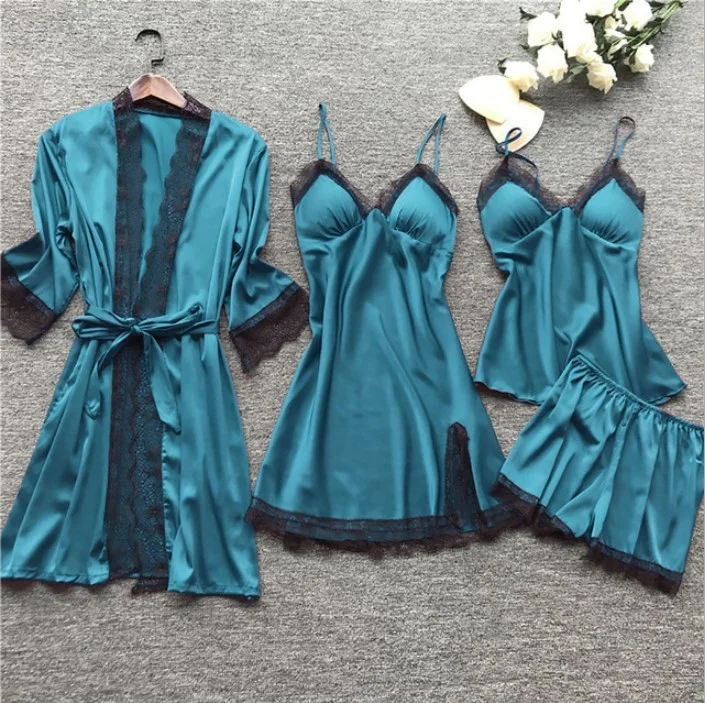 Uveng Uveng Woman Sexy Pajamas Four-Piece Korean Set Of Hanging Pajamas Women Homewear With Chest Pajamas Pajamas Pajamas 2103
