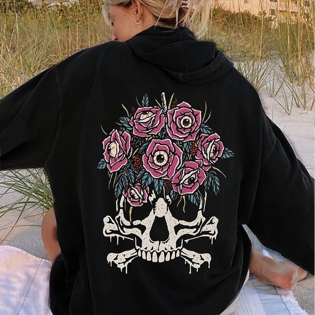 Eyes in Flowers on Skull Graphic Causal  Black Print Hoodie