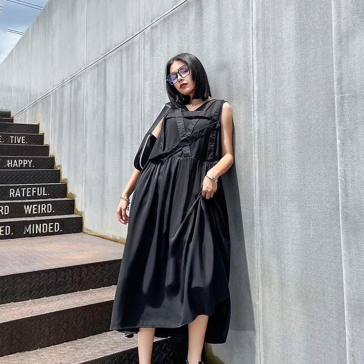 Cool Black Loose Sleeveless V-neck Midi Dress