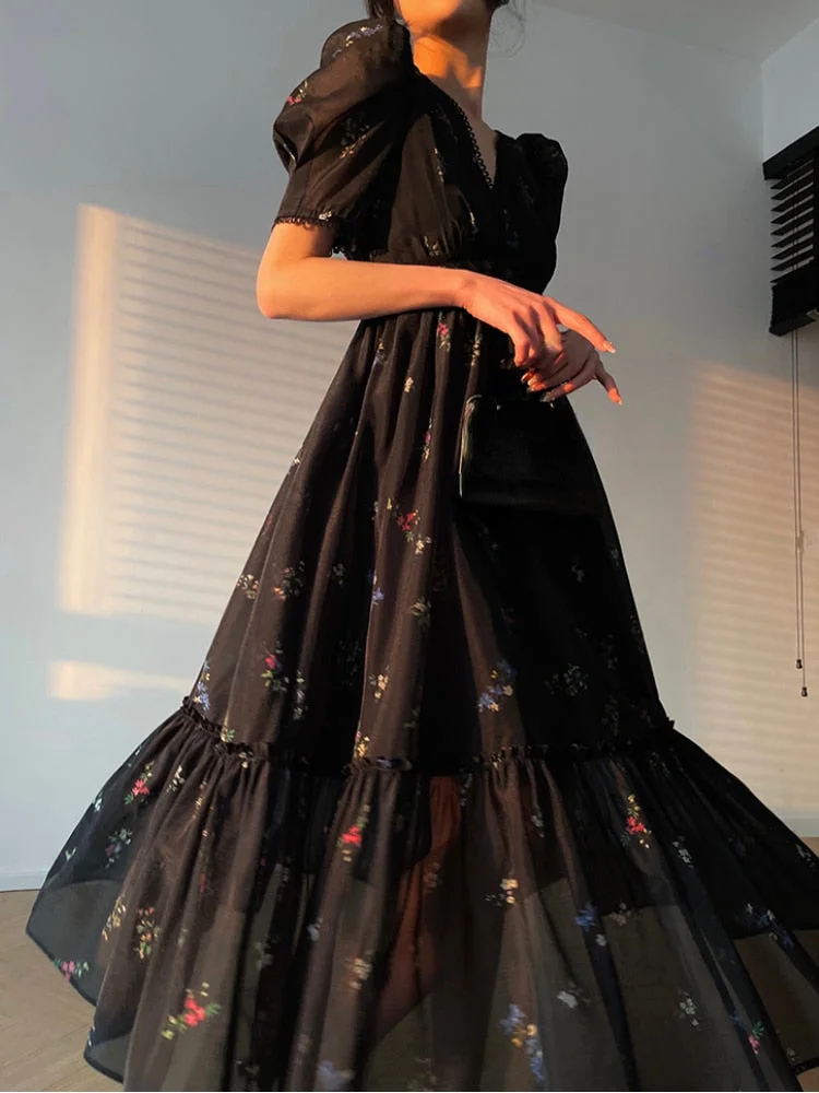 Vintage Black Floral Midi Dress Women spring dresses for women 2023 Short Sleeve French Elegant Dress Beach  Summer Casual Korean Evening Party Dress