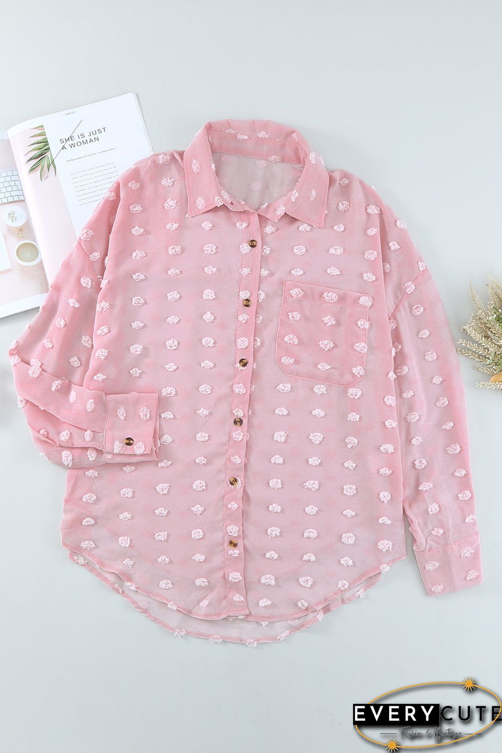 Pink Swiss Dot Buttoned Pocket Long Sleeve Shirt