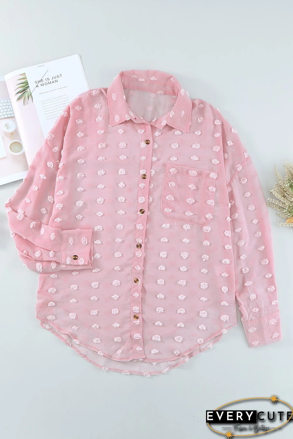 Pink Swiss Dot Buttoned Pocket Long Sleeve Shirt