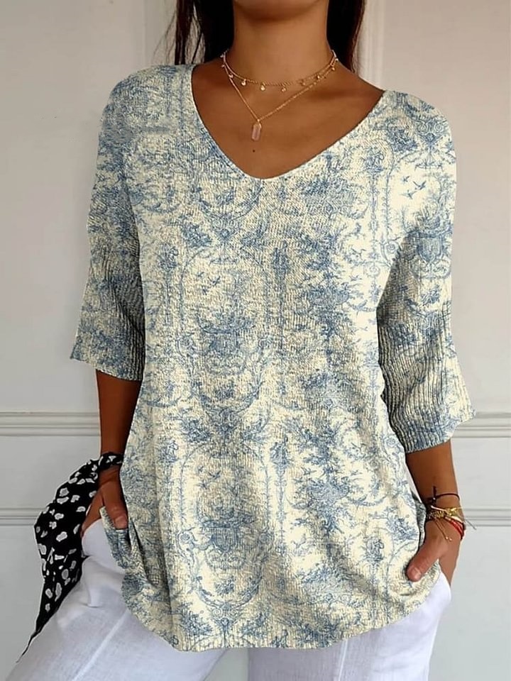 Women's Lovely Floral Art Print Casual Pullover Knit