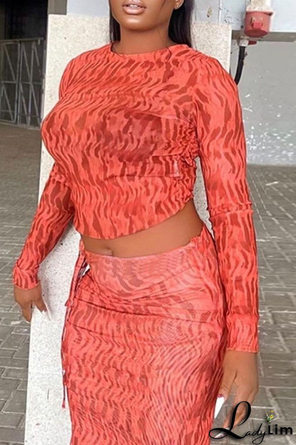 Tangerine Sexy Print Bandage Patchwork Draw String Slit O Neck Long Sleeve Two Pieces