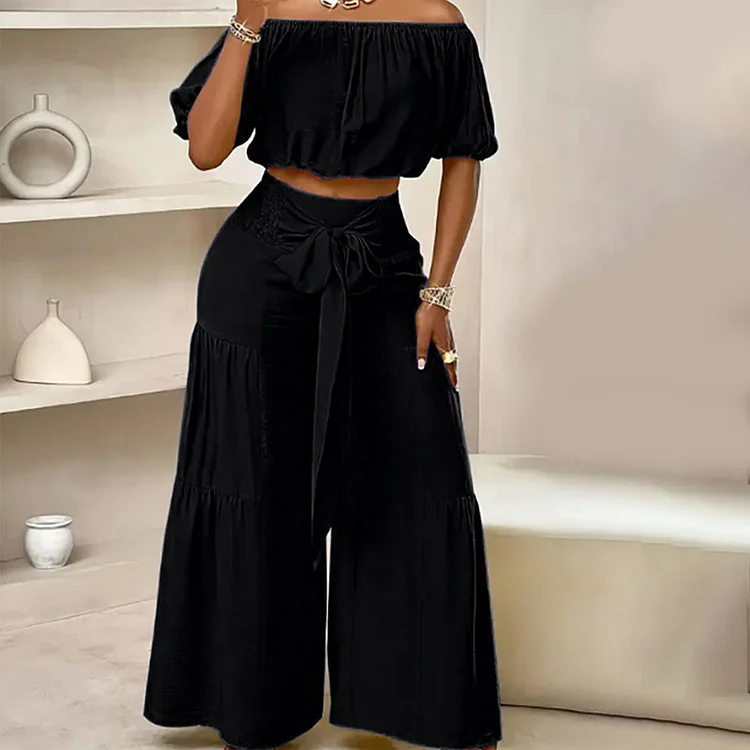 💎57% Rabatt👑Damen zweiteiliges Set: Schulterfreies Oberteil mit Puff&auml;rmeln und Weitbeinhose