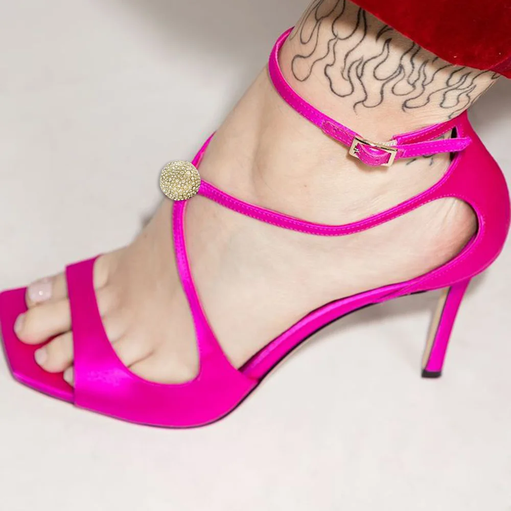 Fuchsia Square Toe Ankle Strap With Glitter Ball Decor Sandals Nicepairs