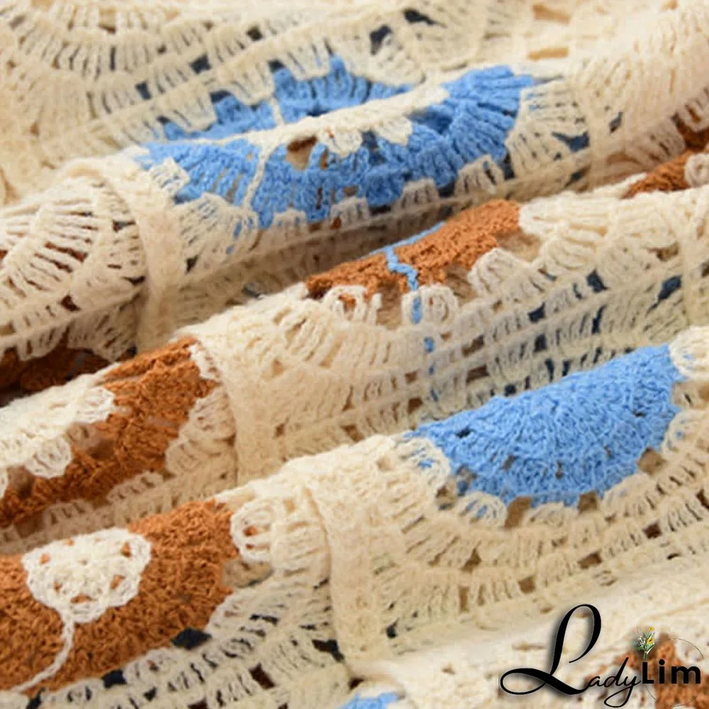 Crochet Hollow T-Shirt Fringed Split Denim Pants Two Pieces Set