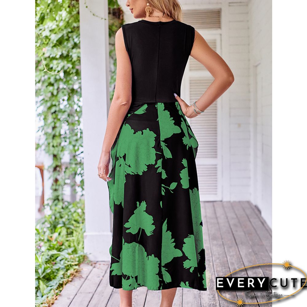 Dark Green Sleeveless Print Dress with Split