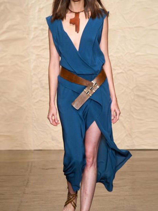 Sleeveless Solid V Neck Dresses Zaesvini