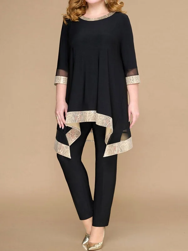 Round neck mesh long-sleeved top and trousers suit