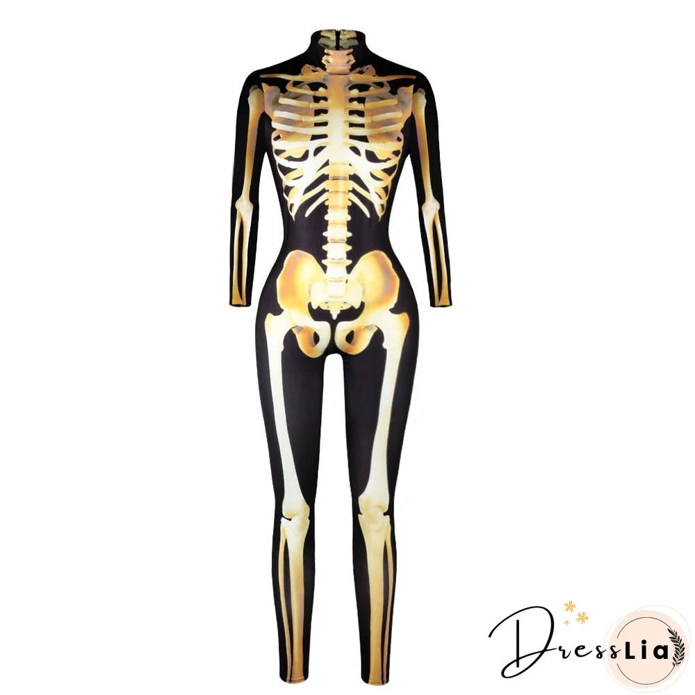 Halloween Adult Cosplay Bodysuit Scary Skeleton Costum Carnival Party Skull Print Long Sleeve Jumpsuit Slim Casual Pants