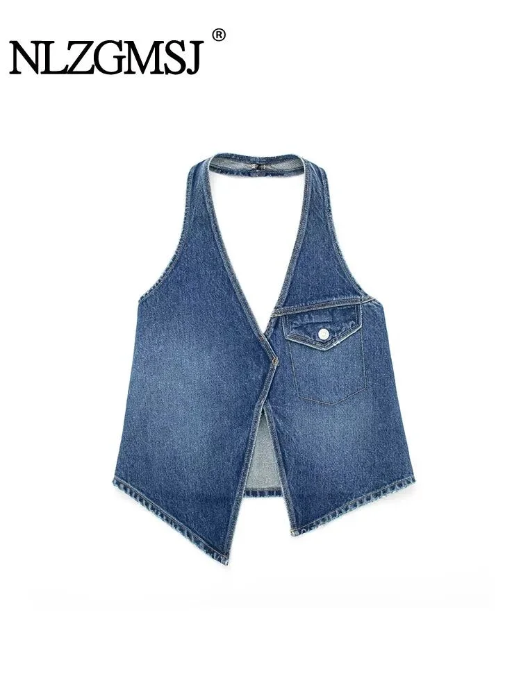 Nncharge TRAF Summer Sexy Camis Women Denim Blue Vest Woemn V Neck Halte Sleeveless Backless Asymmetric Top Female Tanks Y2K