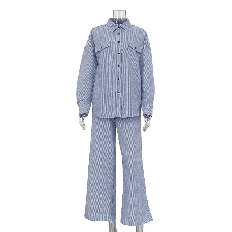 Ueong Ueong New Blue Striped Lapel Shirt Long Sleeve Wide Leg Pants Suit Loose Fashion Women's Wear
