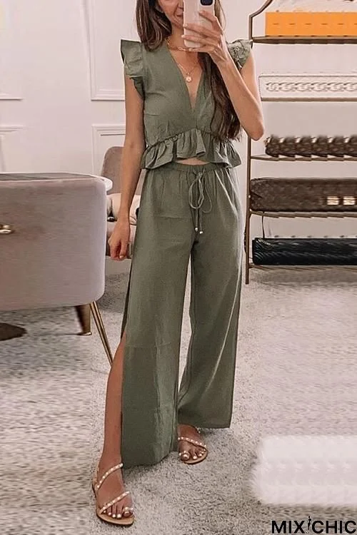 Ruffles Crop Slit Pants Set