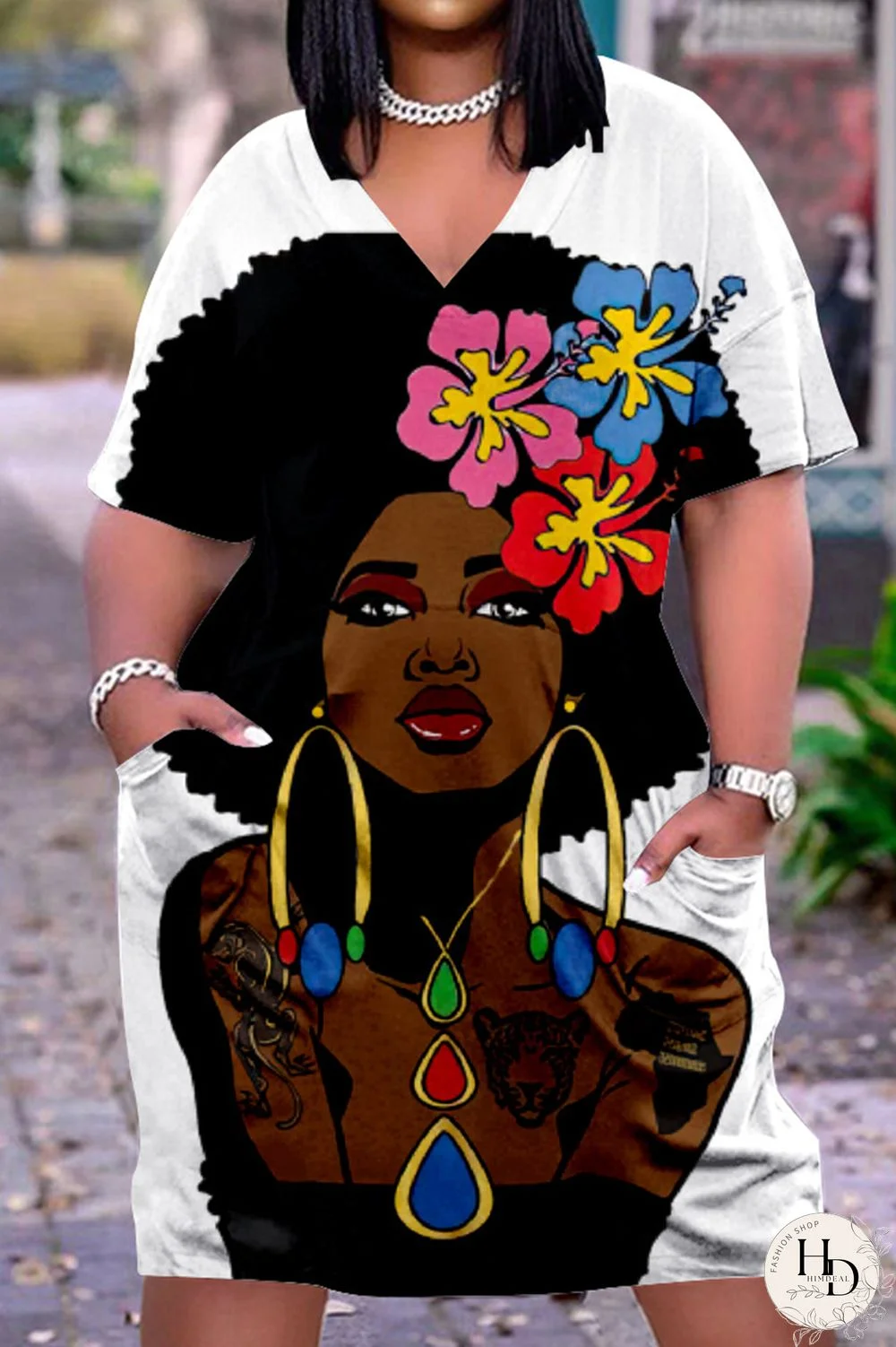 Multicolor Casual Street Print Patchwork V Neck Straight Dresses