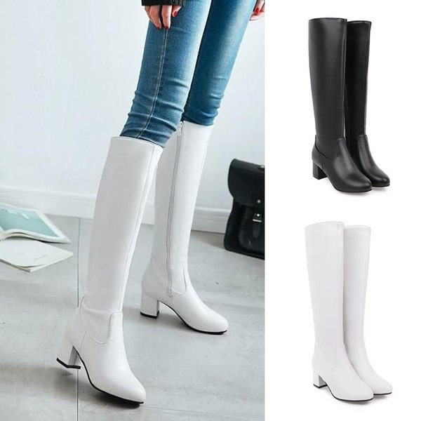 Winter Fashion Women Boots Round Toe Zipper Square Heel Ladies Boots Black White Knee High Boots - Shop Trendy Women's Clothing | LoverChic