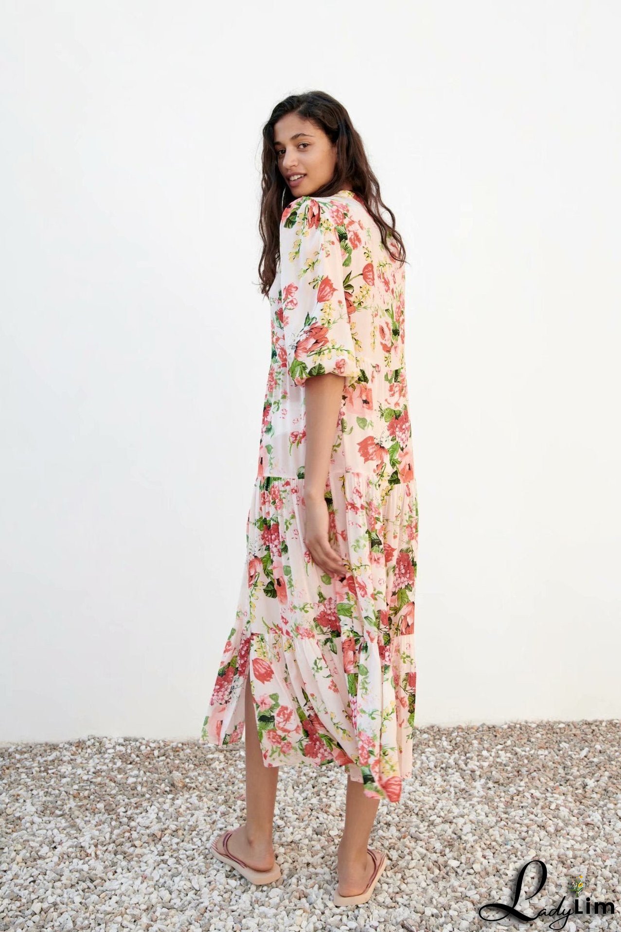 Single-Breasted Dress with Long Sleeves and Floral Print for Women