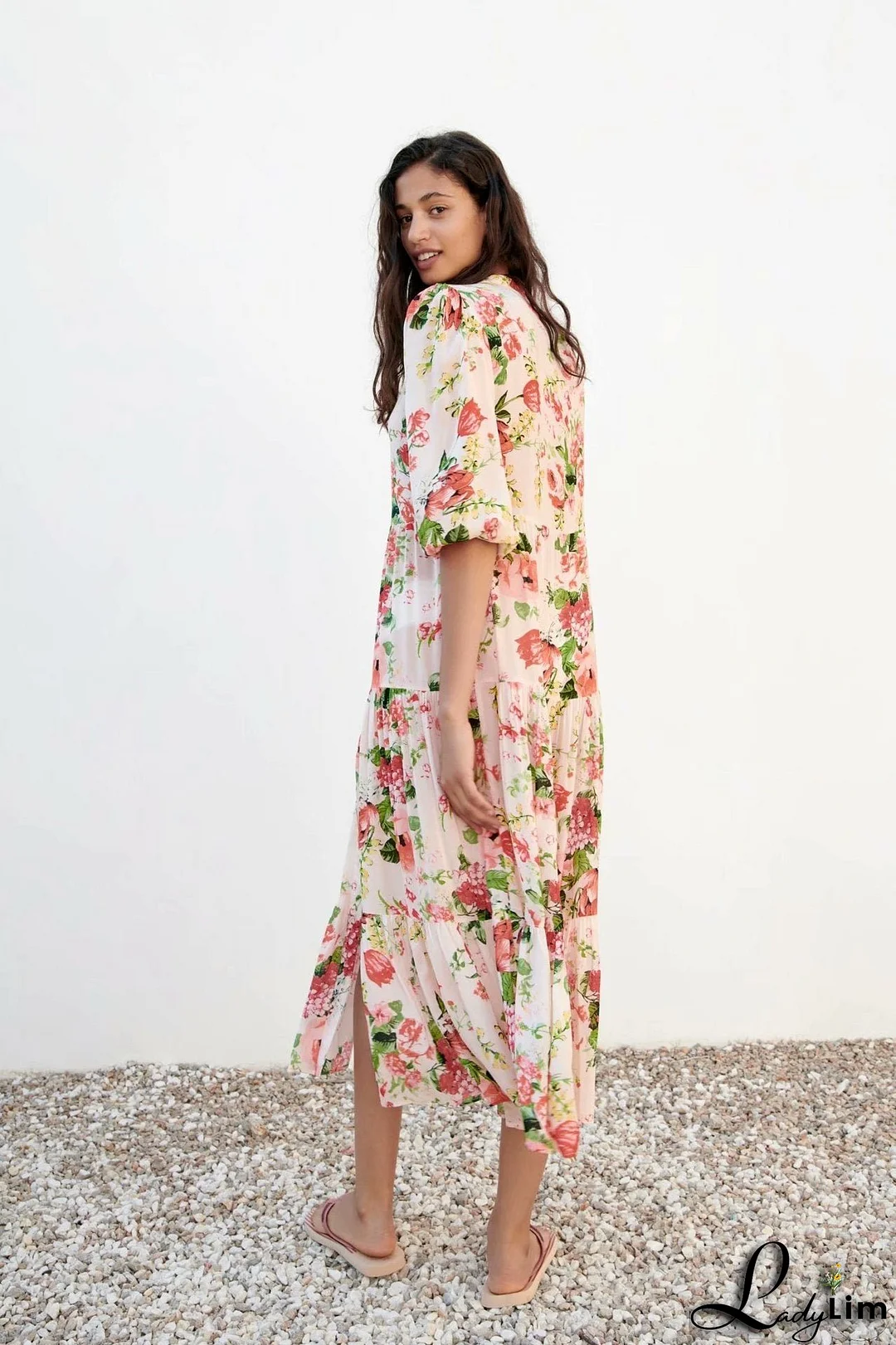 Single-Breasted Dress with Long Sleeves and Floral Print for Women