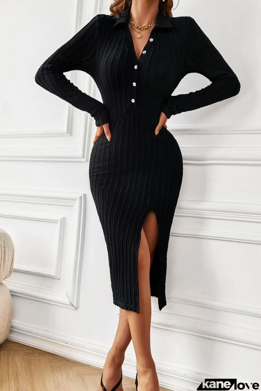 Button Front Split Cable-Knit Texture Collared Dress