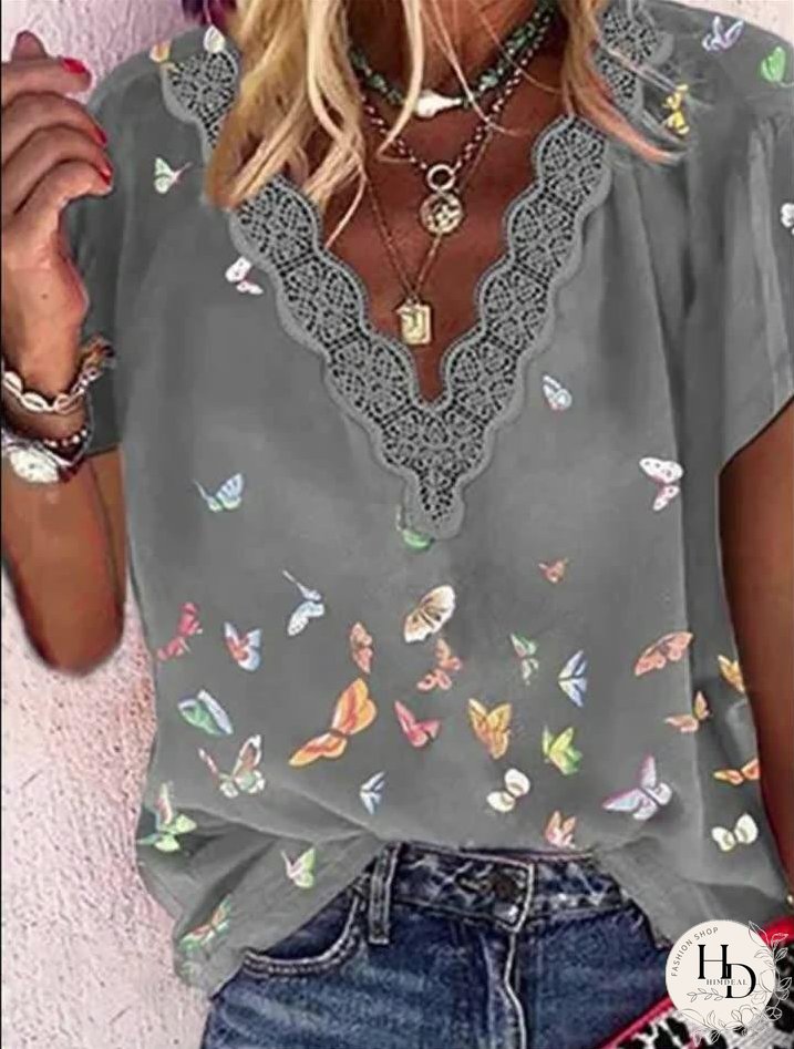 Chiffon V-Neck Printed Short Sleeve T-Shirts for Women