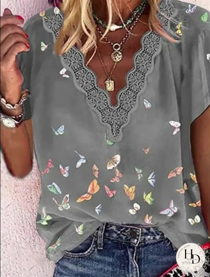 Chiffon V-Neck Printed Short Sleeve T-Shirts for Women