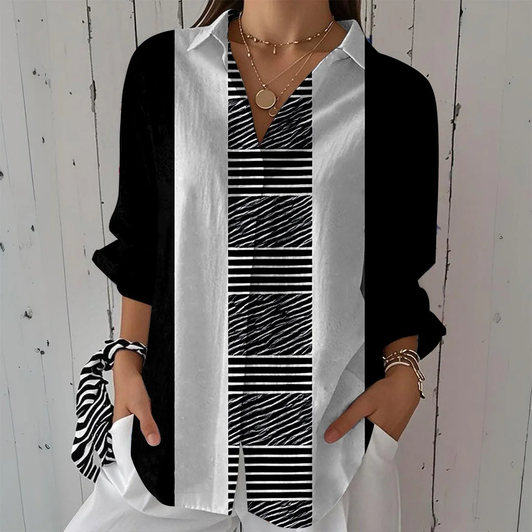 Style & Comfort for Mature Women Women Striped, Black, Patchwork DZCL0054 3/4 Sleeve Shirt Collar Printed Button Tops