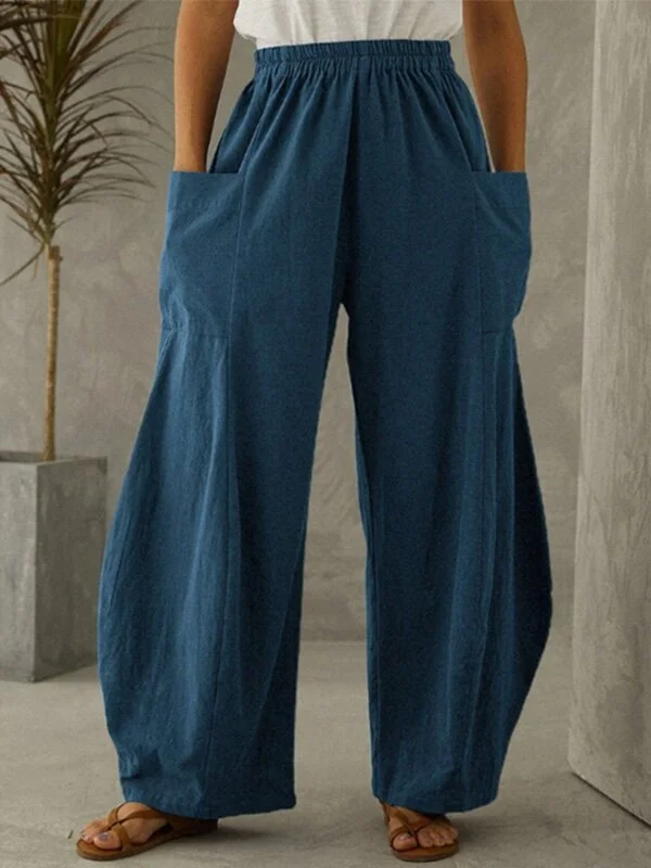 Ladies cotton and linen solid color pocket elastic waist casual trousers
