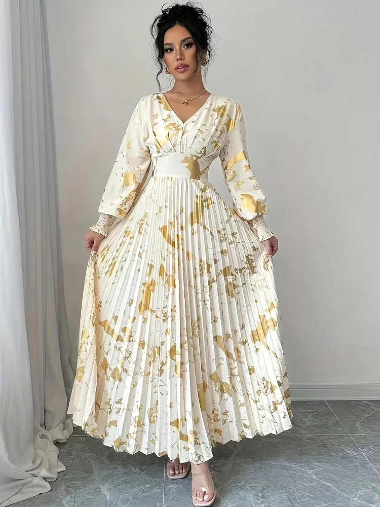 Elegant Golden V-Neck Long Sleeve Dress | Women's A-Line Pleated Semi-Sheer Design For Spring Summer Fall, Casual To Formal Occasion