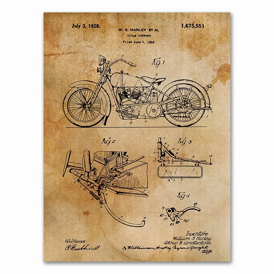 Motorcycle Patent Vintage Blueprint  Prints Motorcycle Artwork Science Wall Art Canvas Painting Gift Home Room Decor