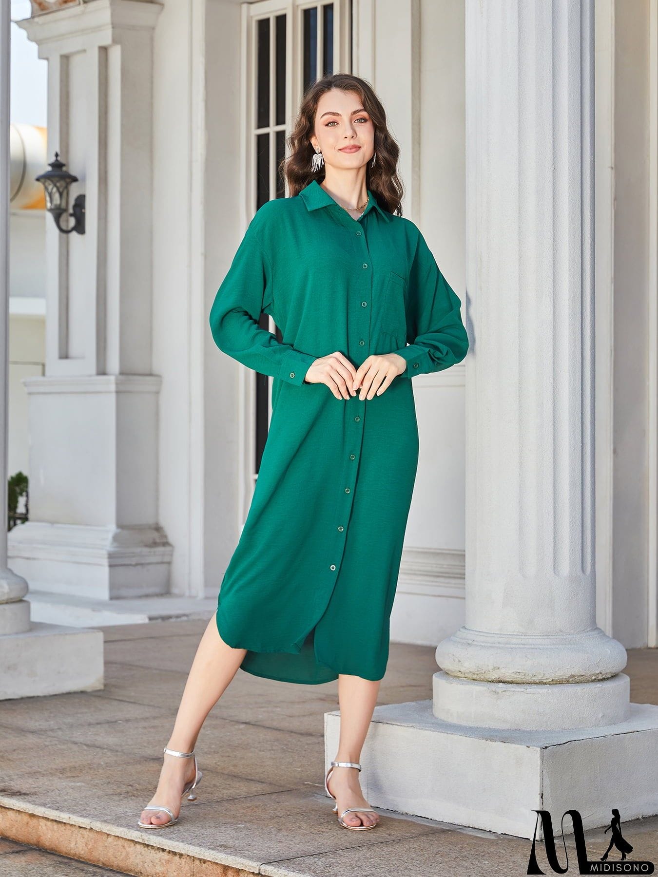 MidiSono - Collared Neck Long Sleeve Midi Shirt Dress