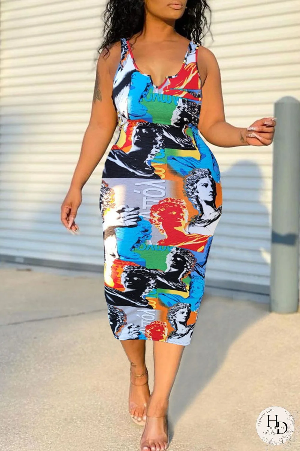 Colour Street Print Graffiti Patchwork U Neck Pencil Skirt Dresses