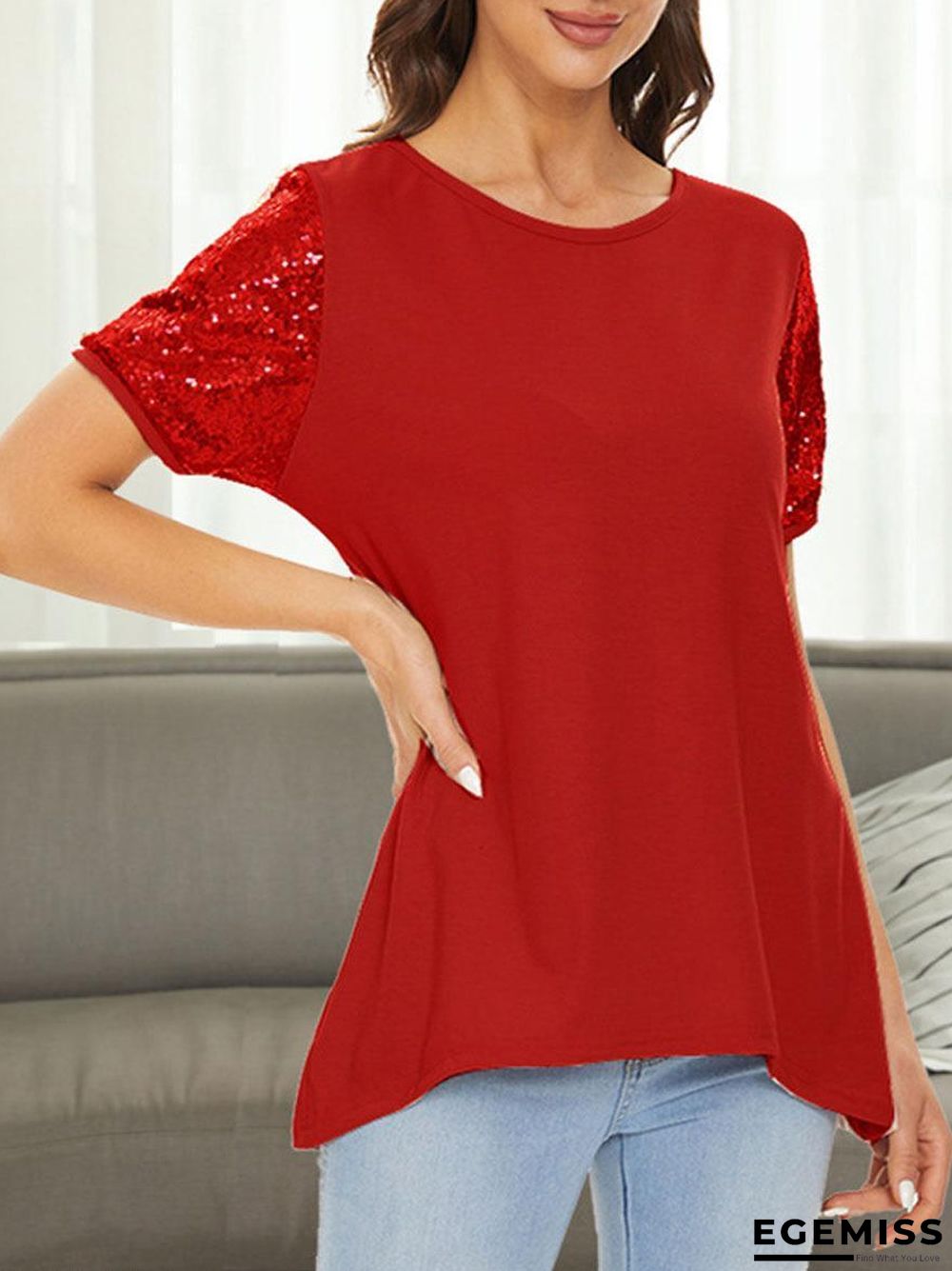 Casual Sequin Short Sleeve T-shirt | EGEMISS