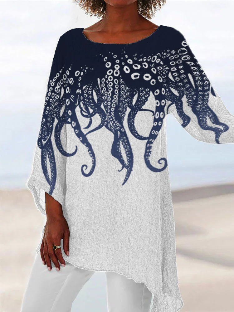Japanese Art Ocean Octopus Print Cotton Blend Shirt