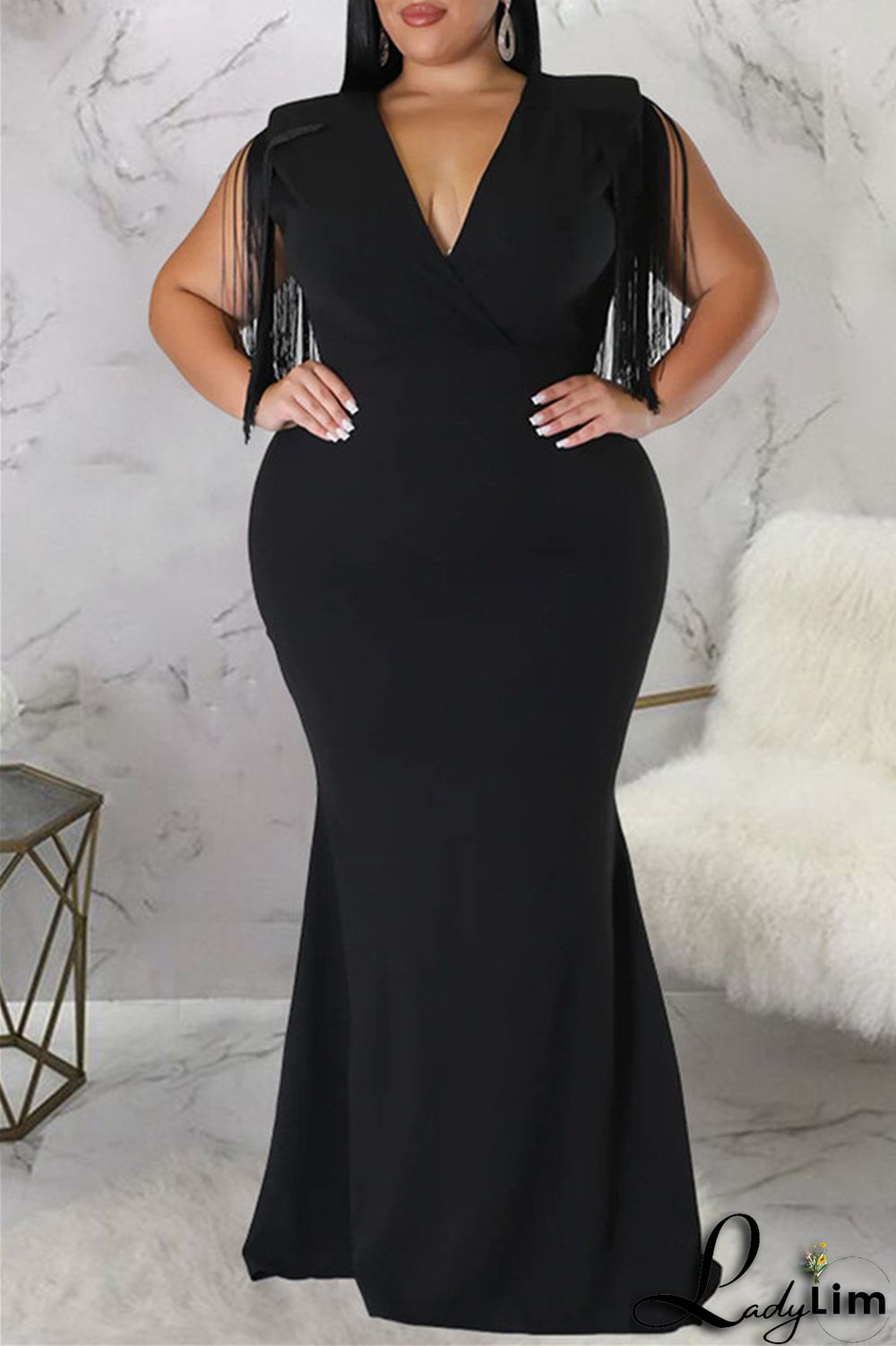 Black Fashion Casual Plus Size Solid Tassel Patchwork V Neck Long Dress