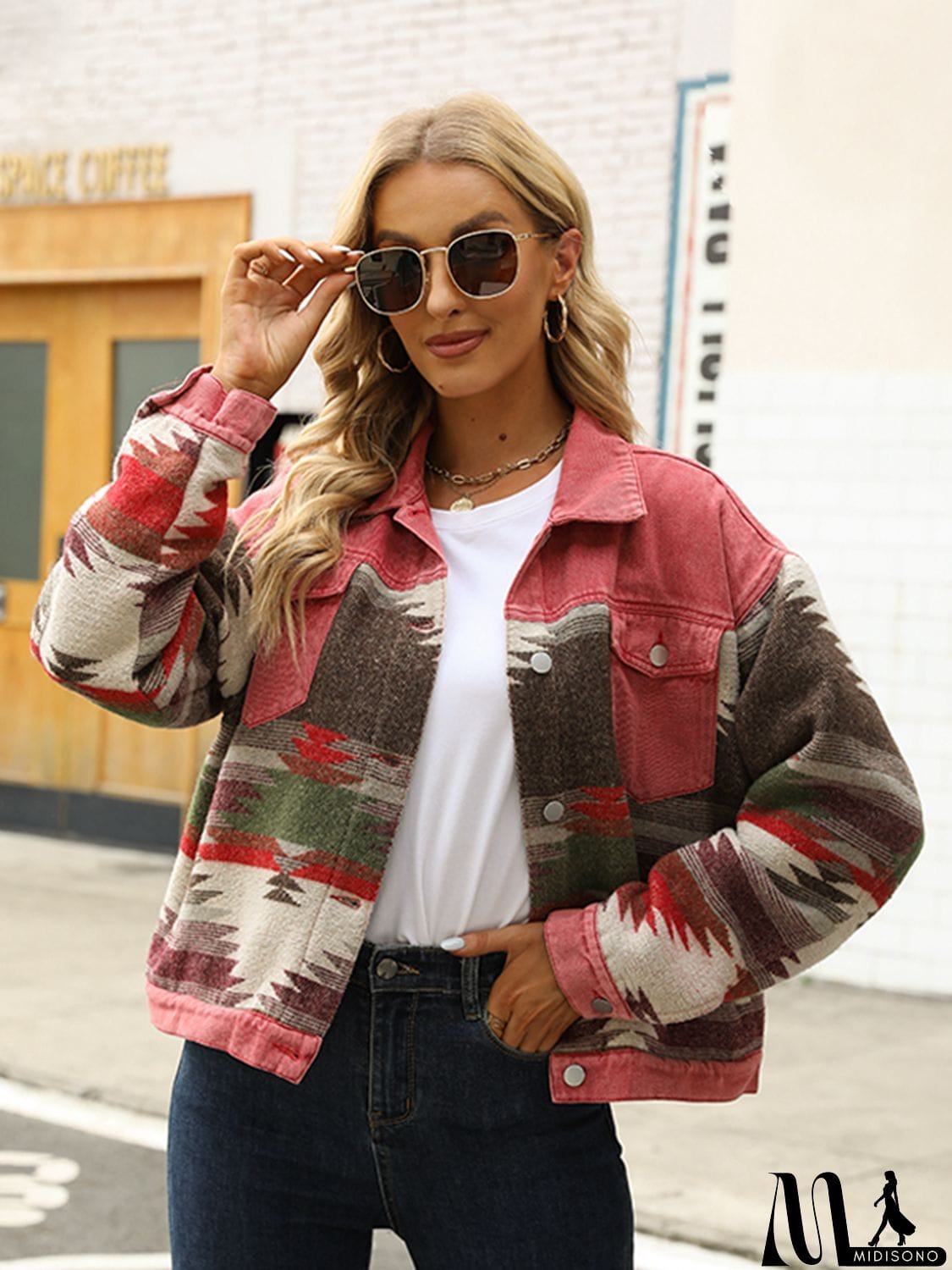 MidiSono - Printed Dropped Shoulder Long Sleeve Denim Jacket