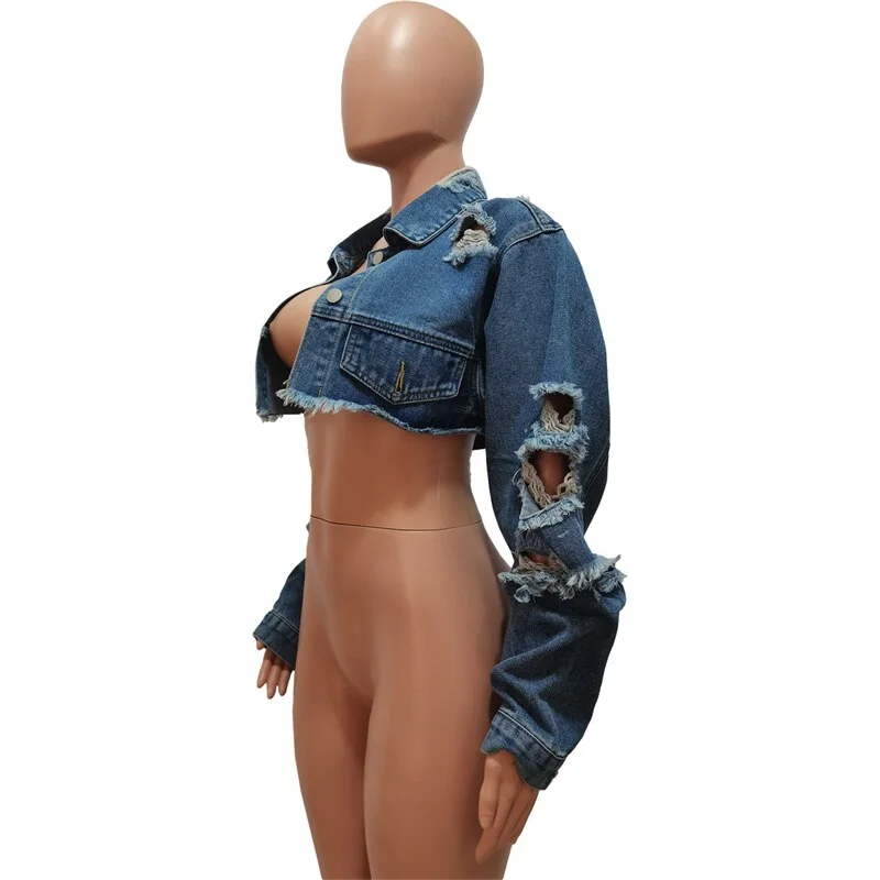 huibahe Short Denim Jackets Women Fashion Turn Down Collar Long Sleeve Single Breasted Jeans Coat Casual Crop Tops Streetwear