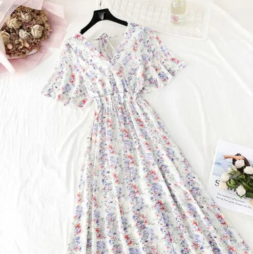 2020 Slim V Neck Summer Midi Long Dress Vestido Party Short sleeve Chiffon dress Women Casual Elegant print A-Line Vestidos