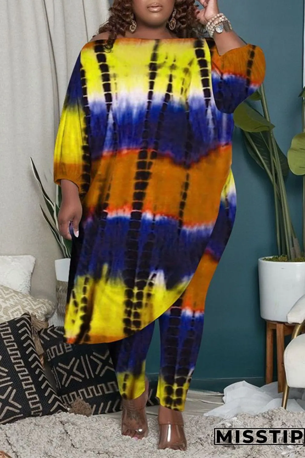 Orange Fashion Casual Tie Dye Asymmetrical O Neck Plus Size Two Pieces