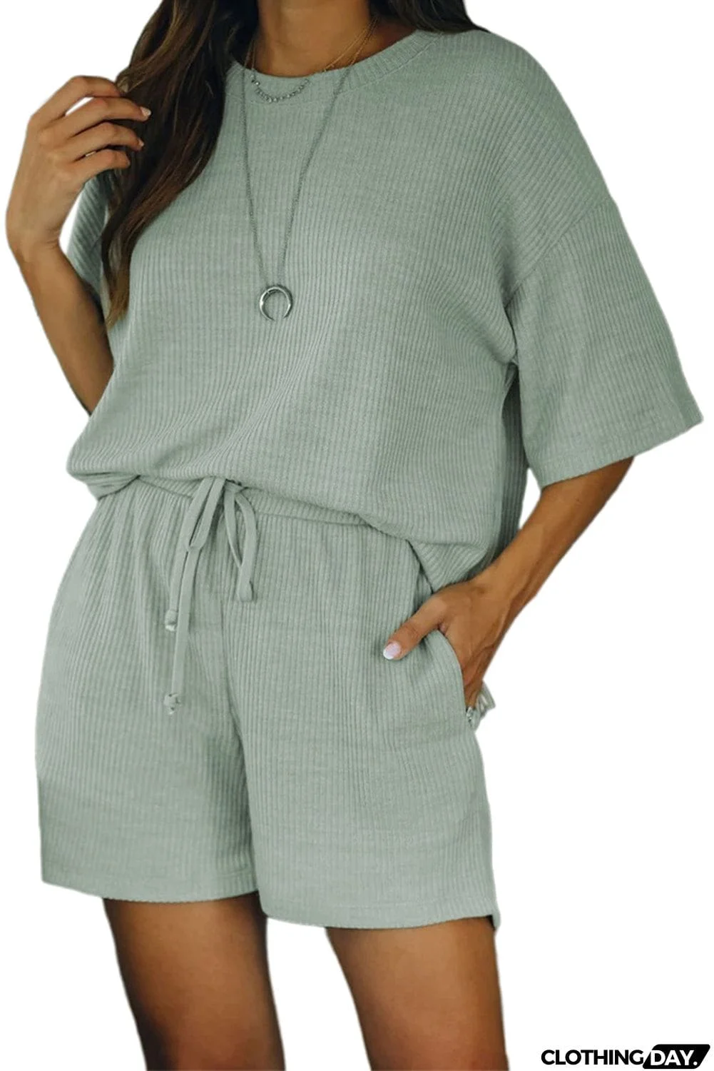 Khaki Crew Neck Short Sleeve Ribbed Lounge Set