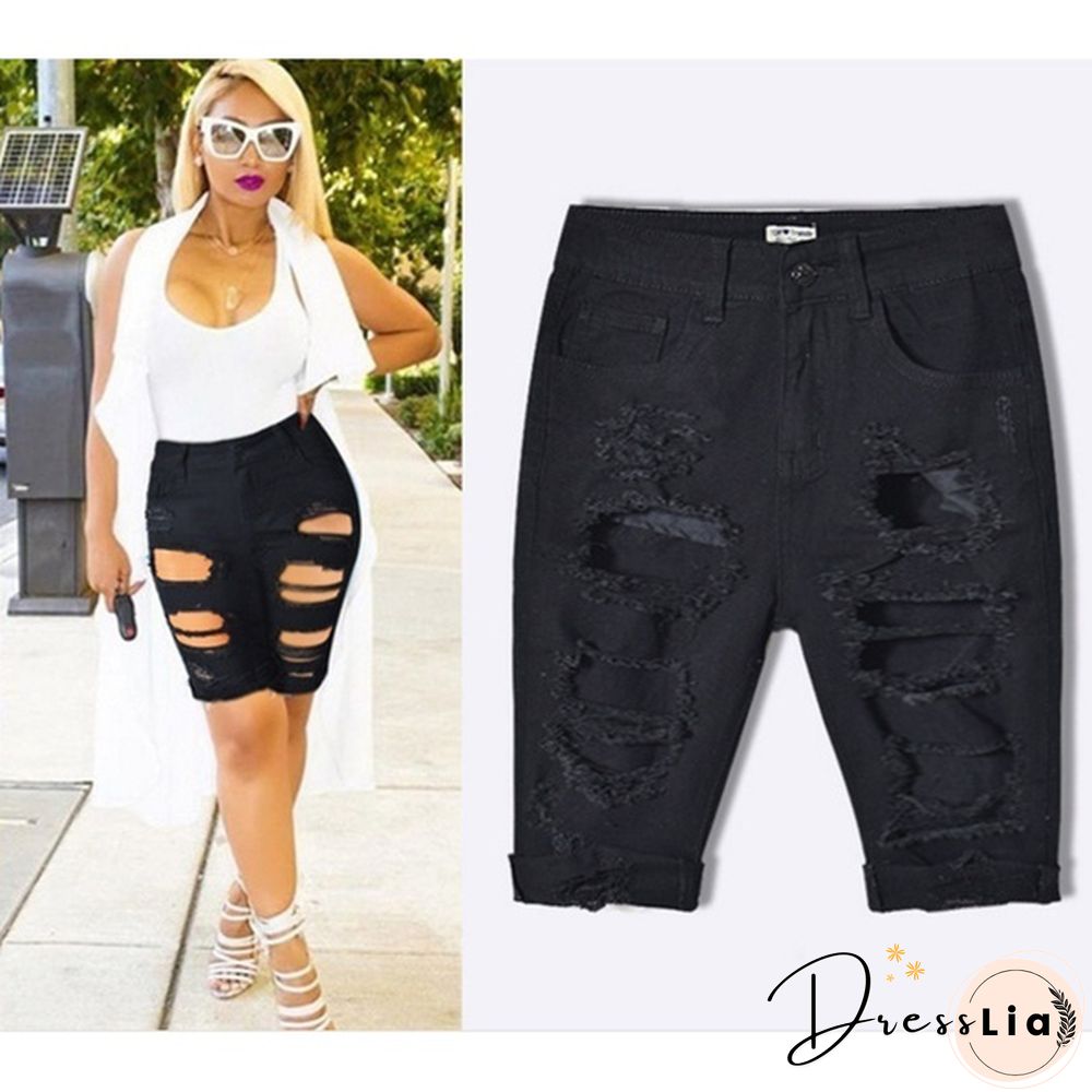Women Casual Street Style Half Blue Denim Shorts Stretch Pants Slim Boyfriend Ripped Hole Jeans