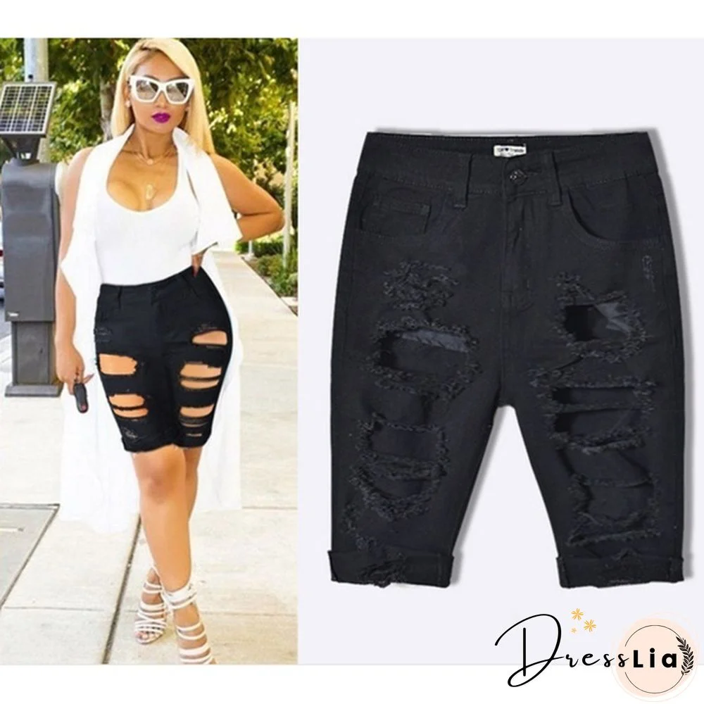 Women Casual Street Style Half Blue Denim Shorts Stretch Pants Slim Boyfriend Ripped Hole Jeans