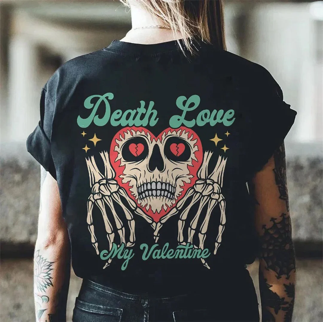 DEATHE LOVE Skull Heart Black Print Regular-fit T-shirt