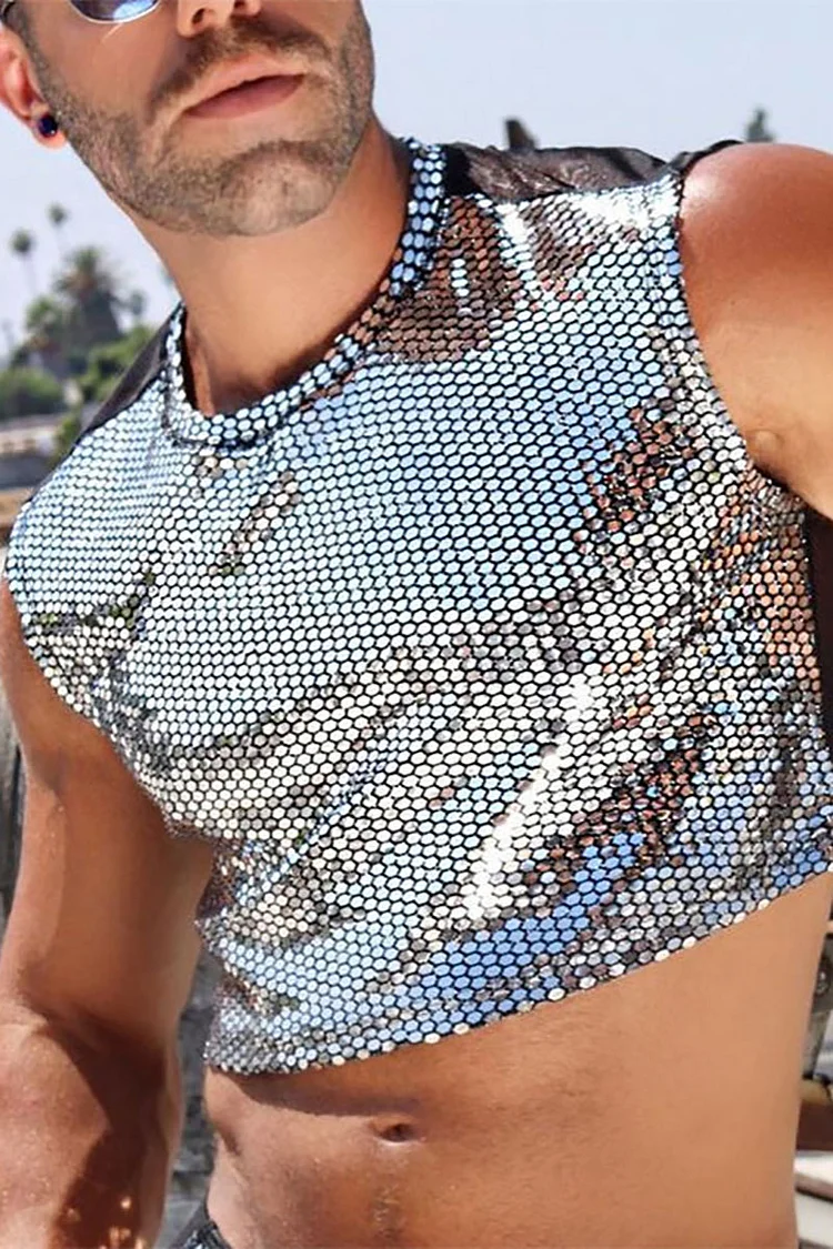 Men's Bright Black Sequin Back Mesh Crop Tank Tops