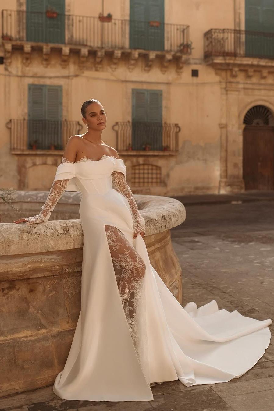 Stunning White Off the Shoulder Satin Long Sleeves Lace Wedding Dress with Split | MS0737  