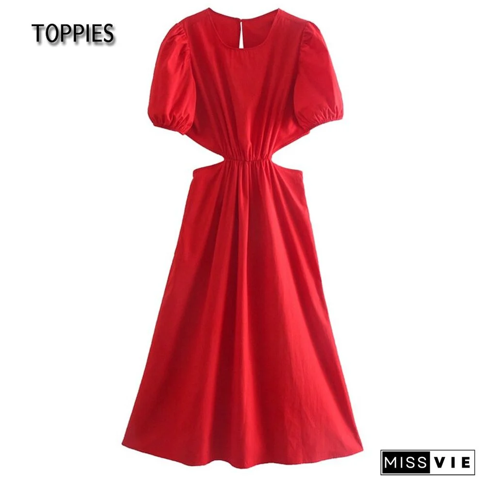 Toppies Summer Dress Sexy Hollow Out  Backless Midi Dress Puff Sleeve Vacation Beach Dress